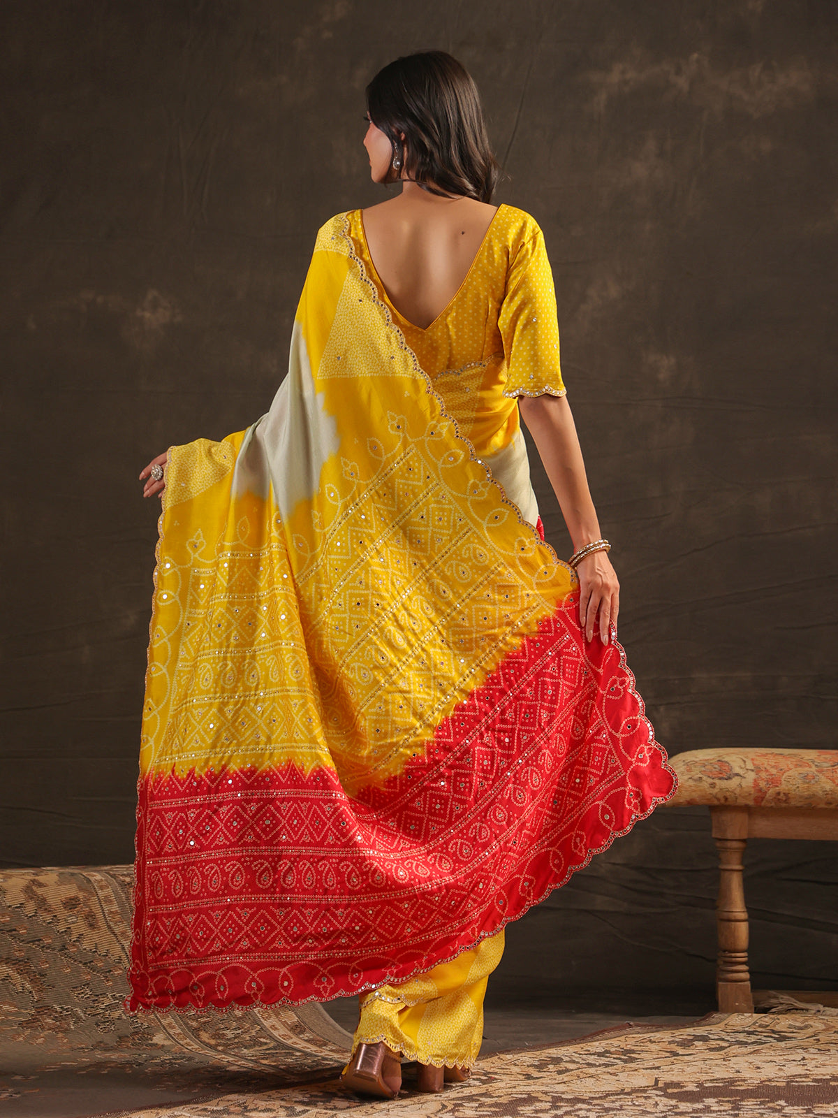 Yellow shaded bandhani printed saree for women