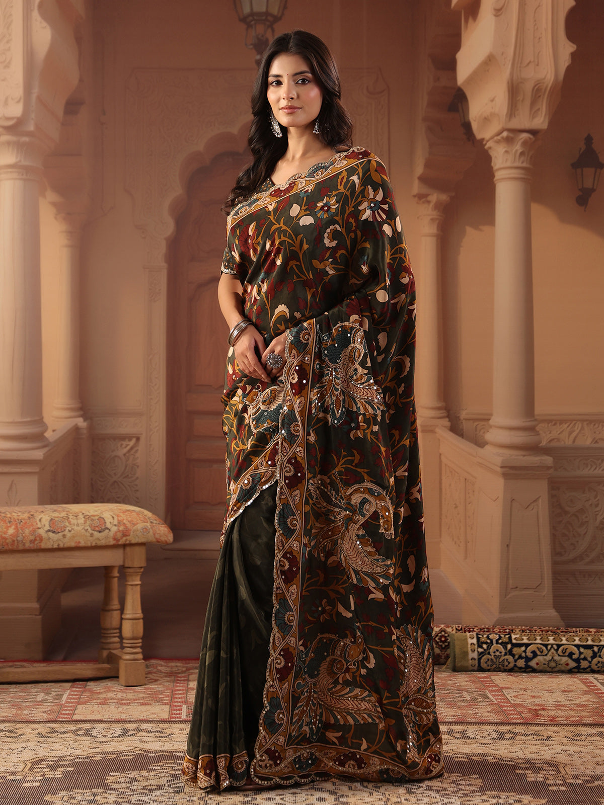 Deep olive green peacock kalamkari saree