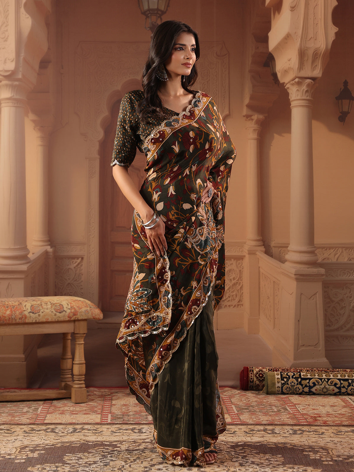 Deep olive green peacock kalamkari saree