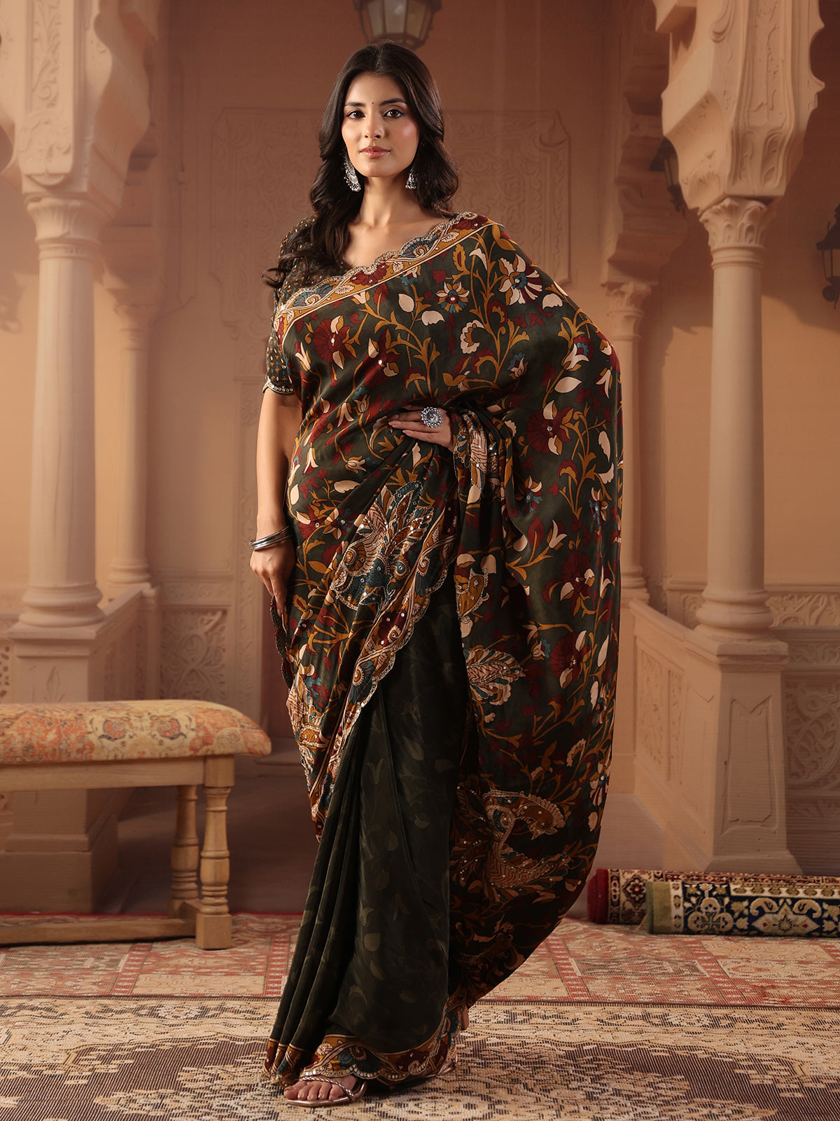 Deep olive green peacock kalamkari saree