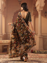 Deep olive green peacock kalamkari saree