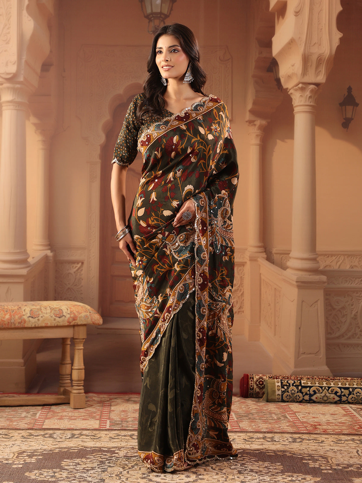 Deep olive green peacock kalamkari saree