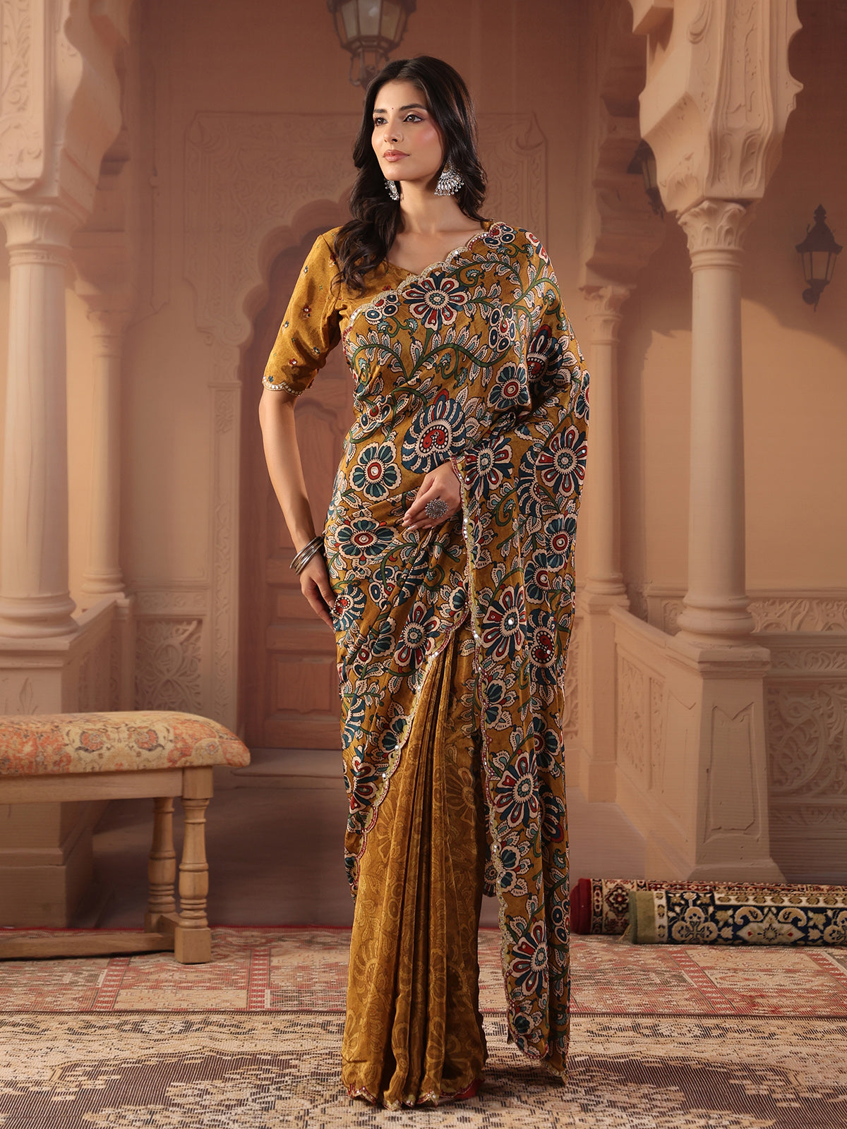 Earthy mustard gold kalamkari saree for women