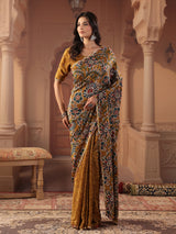 Earthy mustard gold kalamkari saree for women