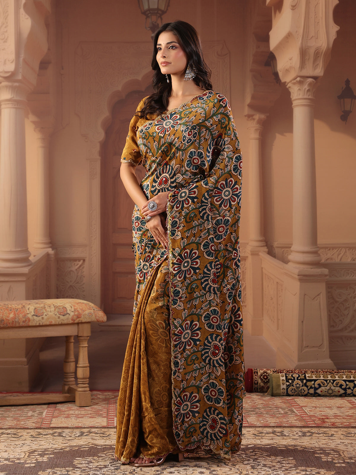 Earthy mustard gold kalamkari saree for women