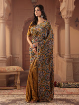 Earthy mustard gold kalamkari saree for women