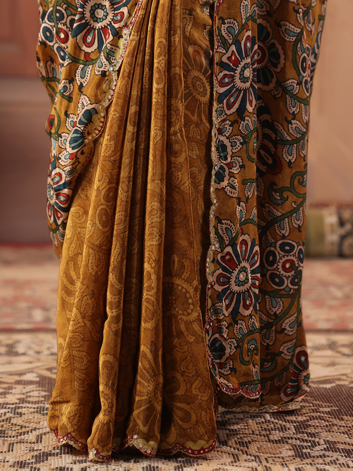Earthy mustard gold kalamkari saree for women