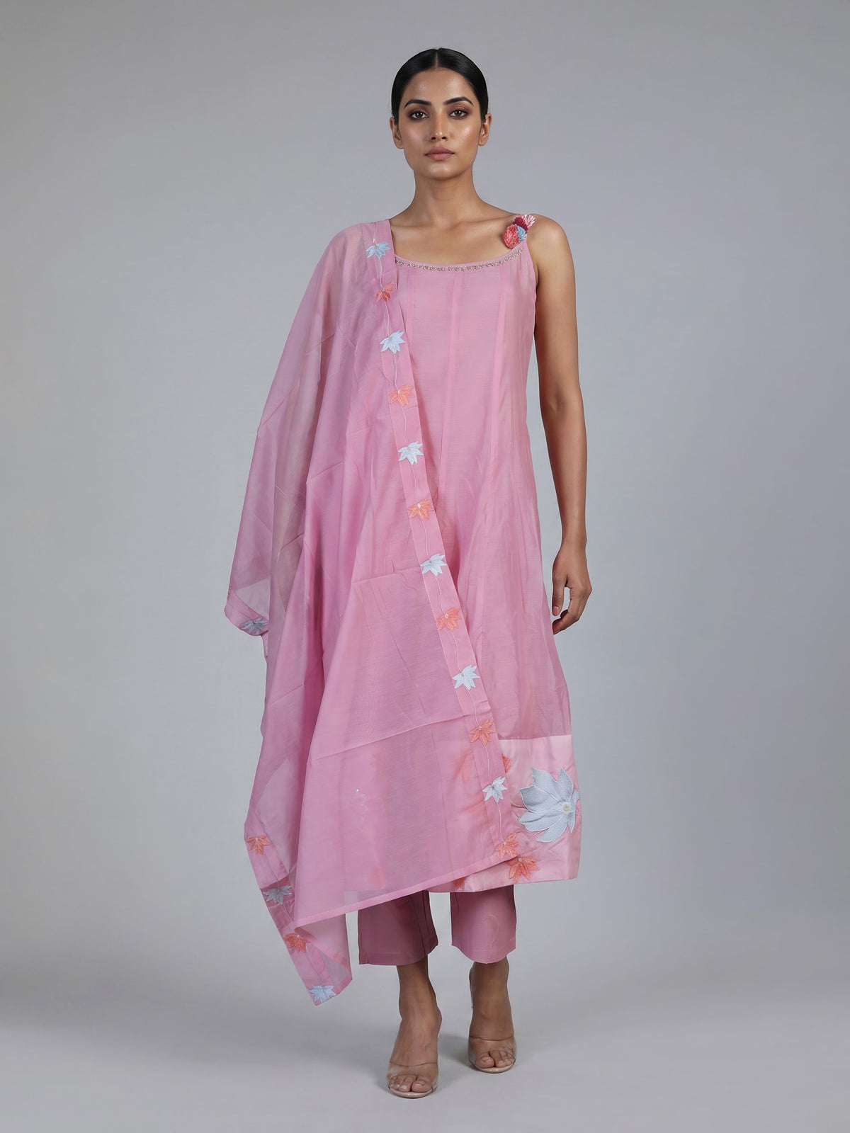 Elegant pink silk blend anarkali kurti set with floral embroidery