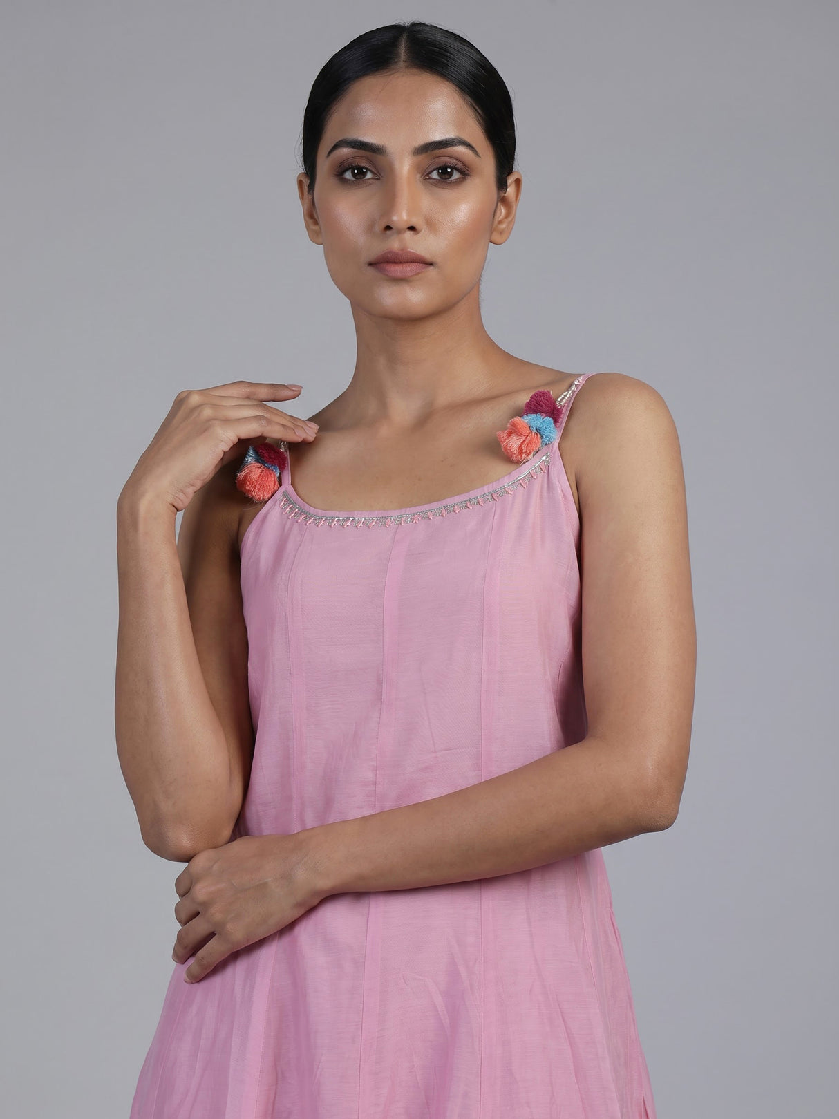 Elegant pink silk blend anarkali kurti set with floral embroidery