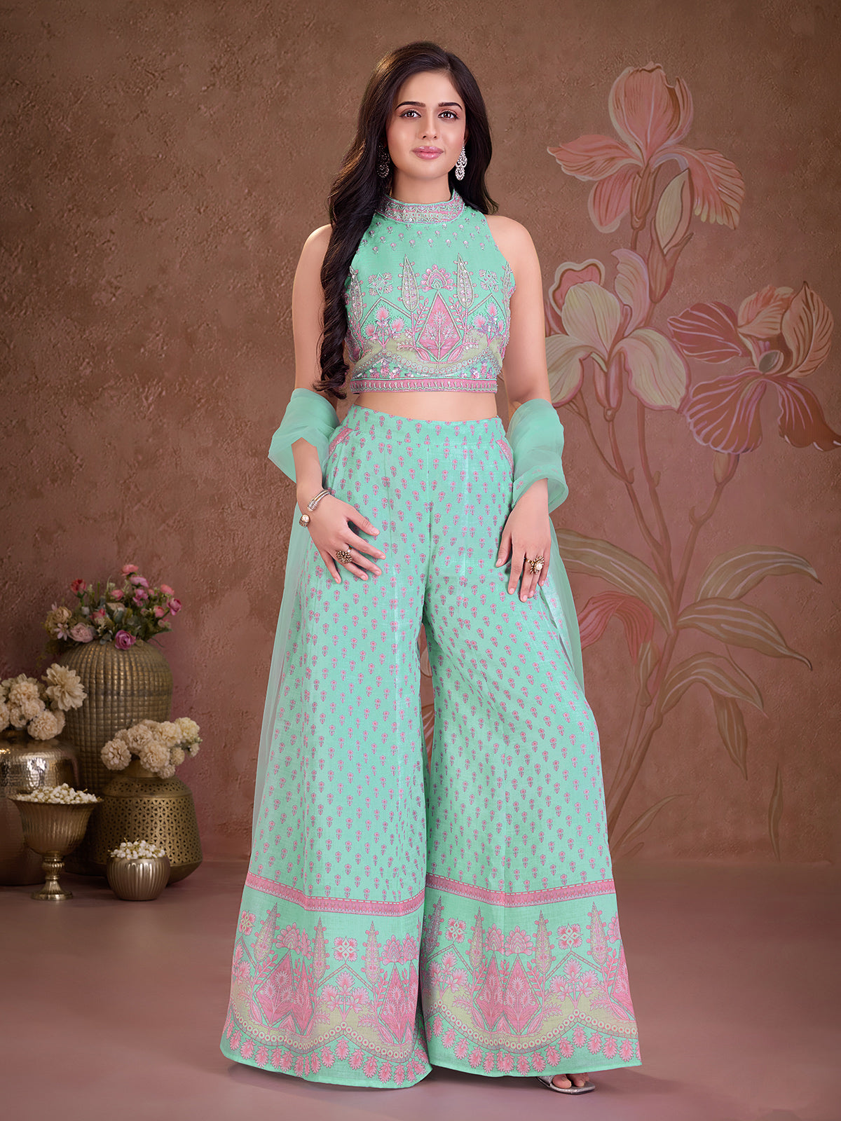 Mint sea green girls printed palazzo suit