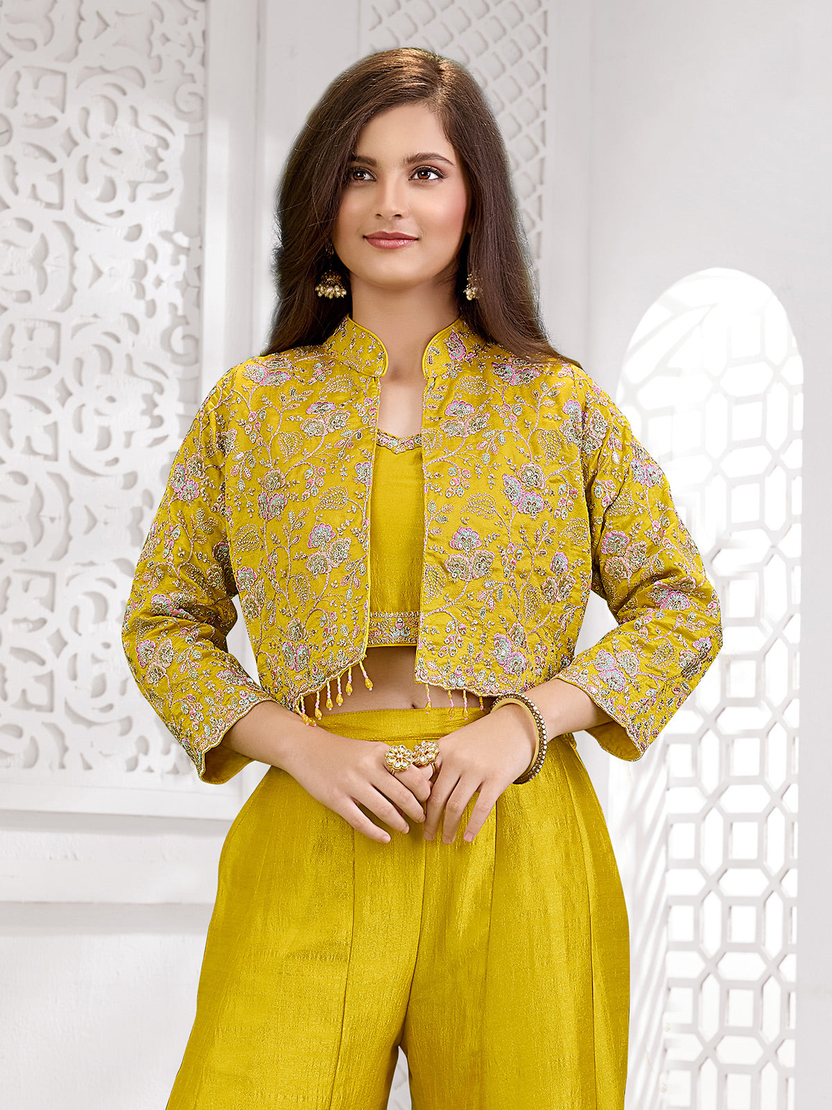 Yellow floral jacket girls palazzo suit