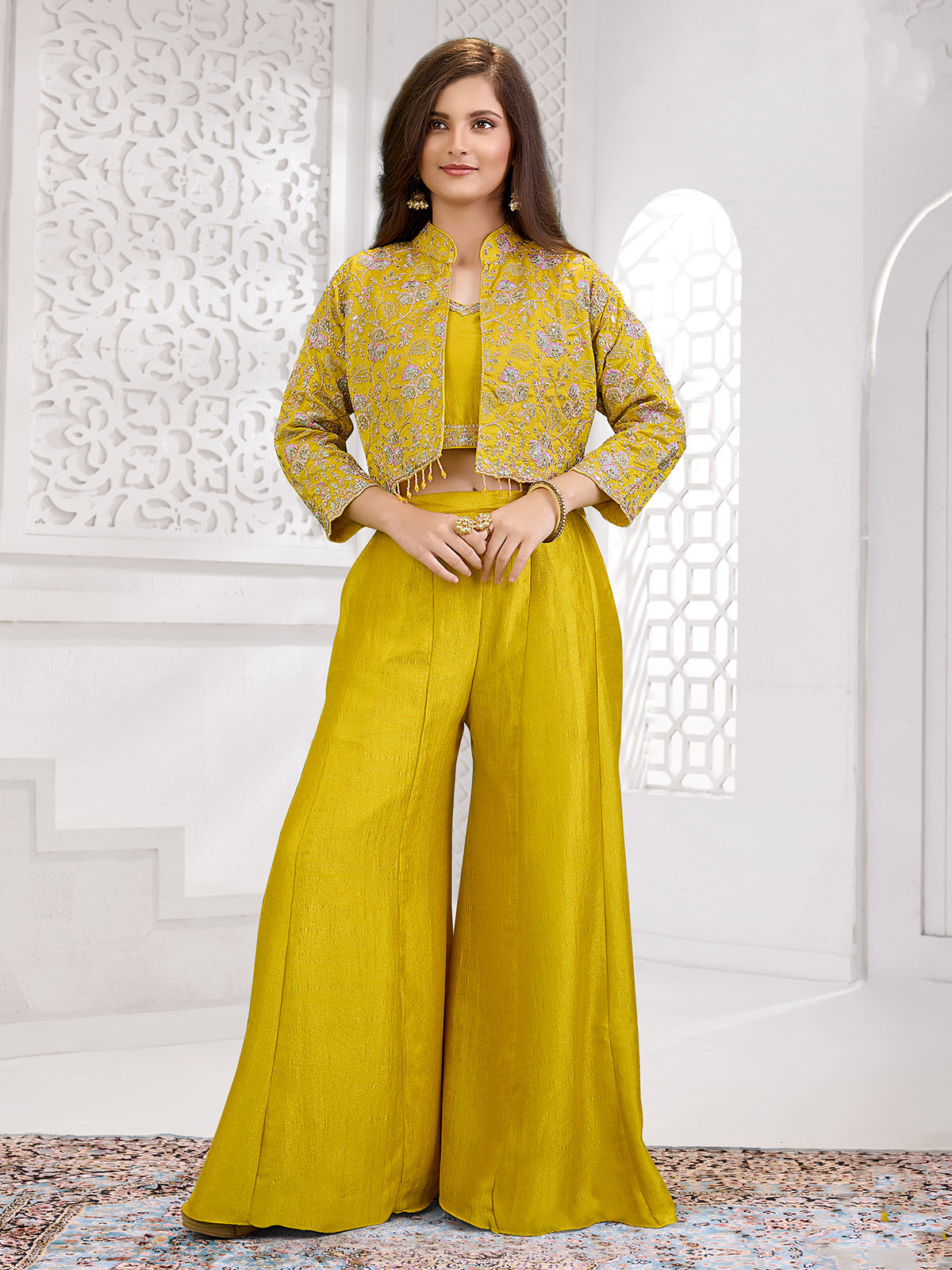 Yellow floral jacket girls palazzo suit