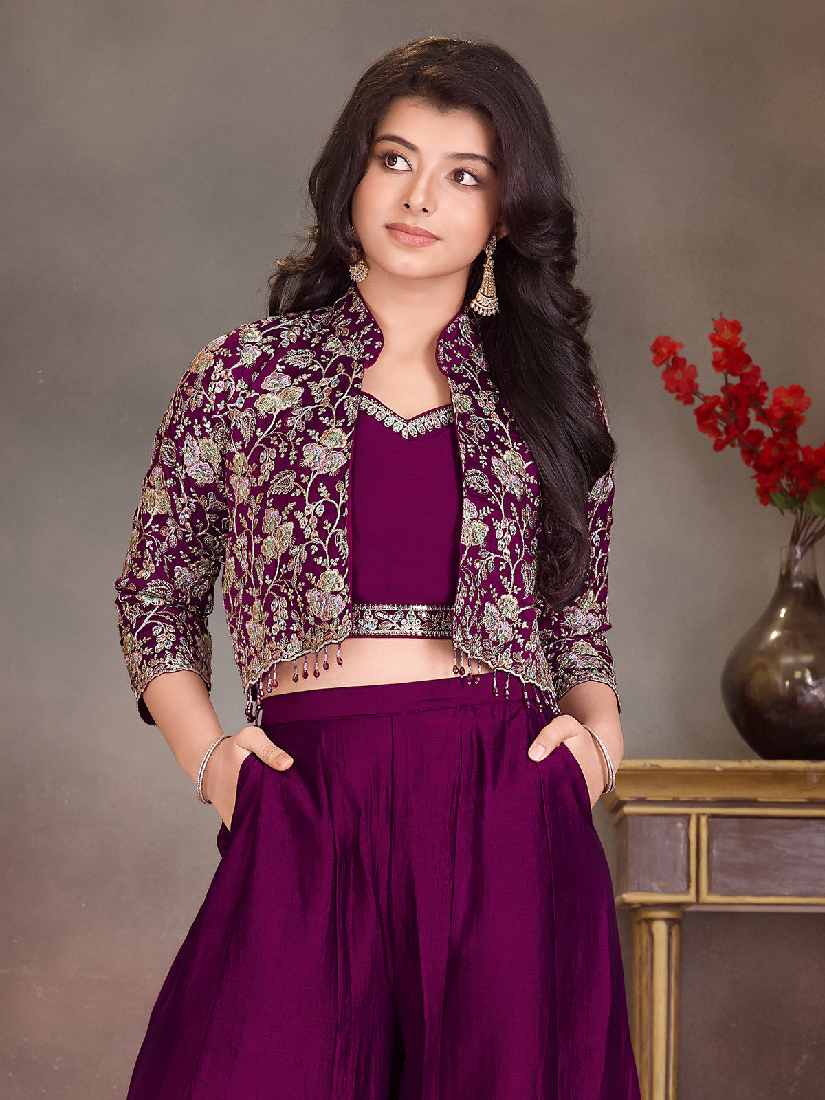 Wine floral embroidered girls palazzo suit