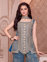 Steel blue embroidered girls sharara suit