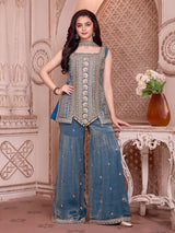 Steel blue embroidered girls sharara suit