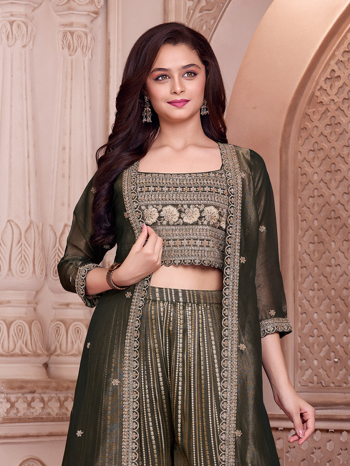 Olive embroidered jacket girls palazzo suit
