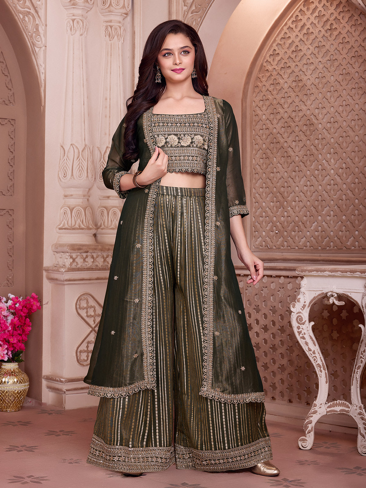 Olive embroidered jacket girls palazzo suit