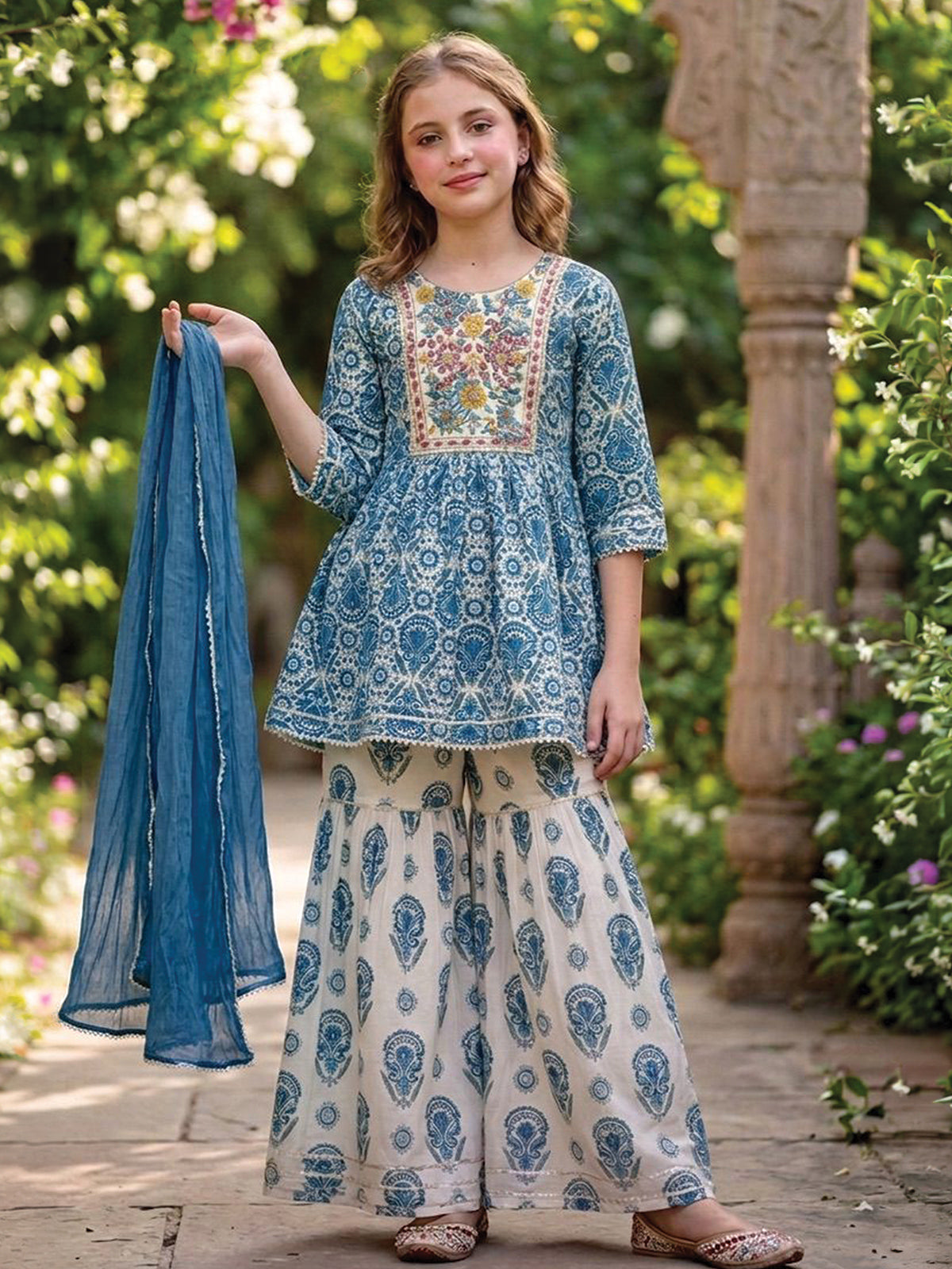 Blue jaipuri printed girls sharara suit