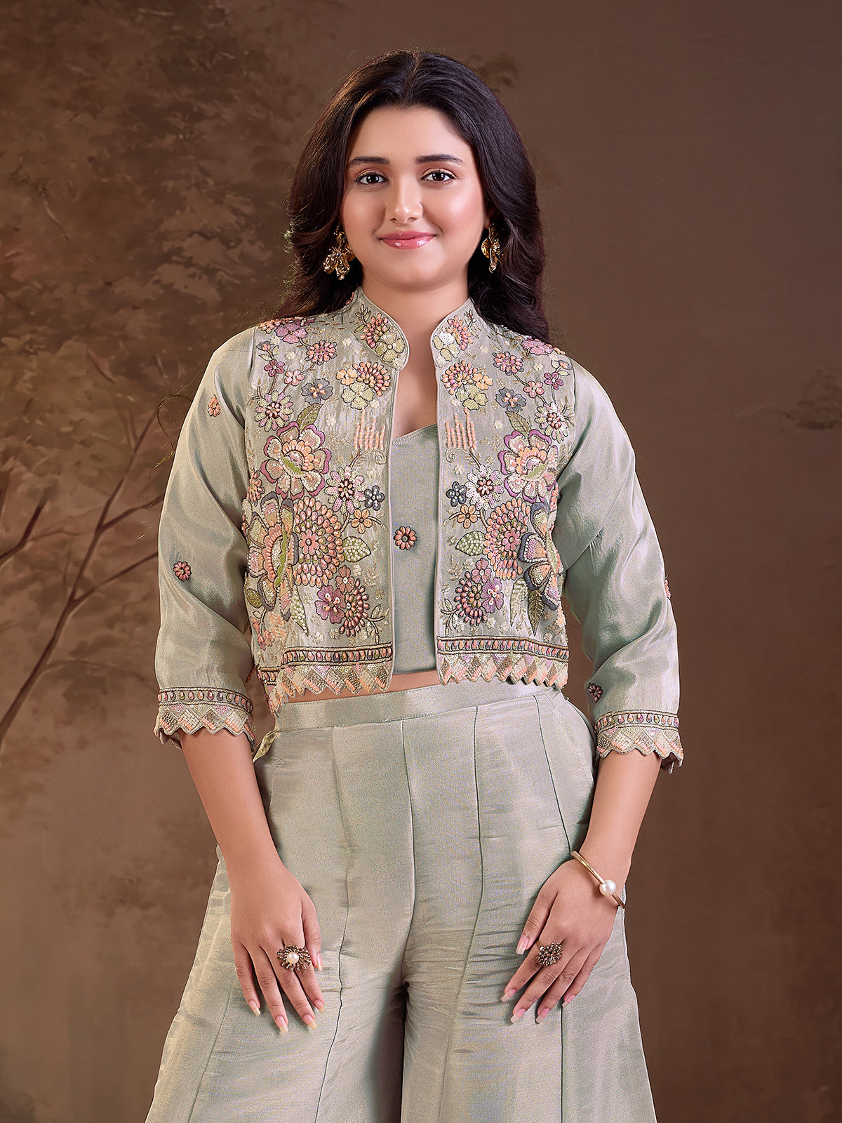 Sage grey floral jacket girls palazzo suit