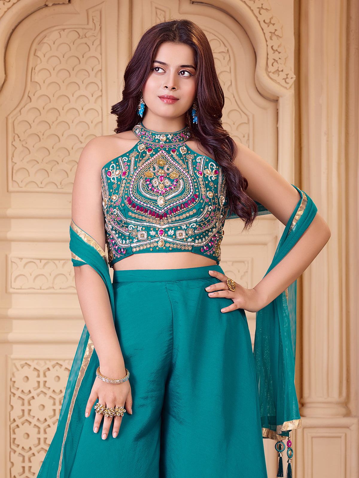 Rama blue embellished girls palazzo suit