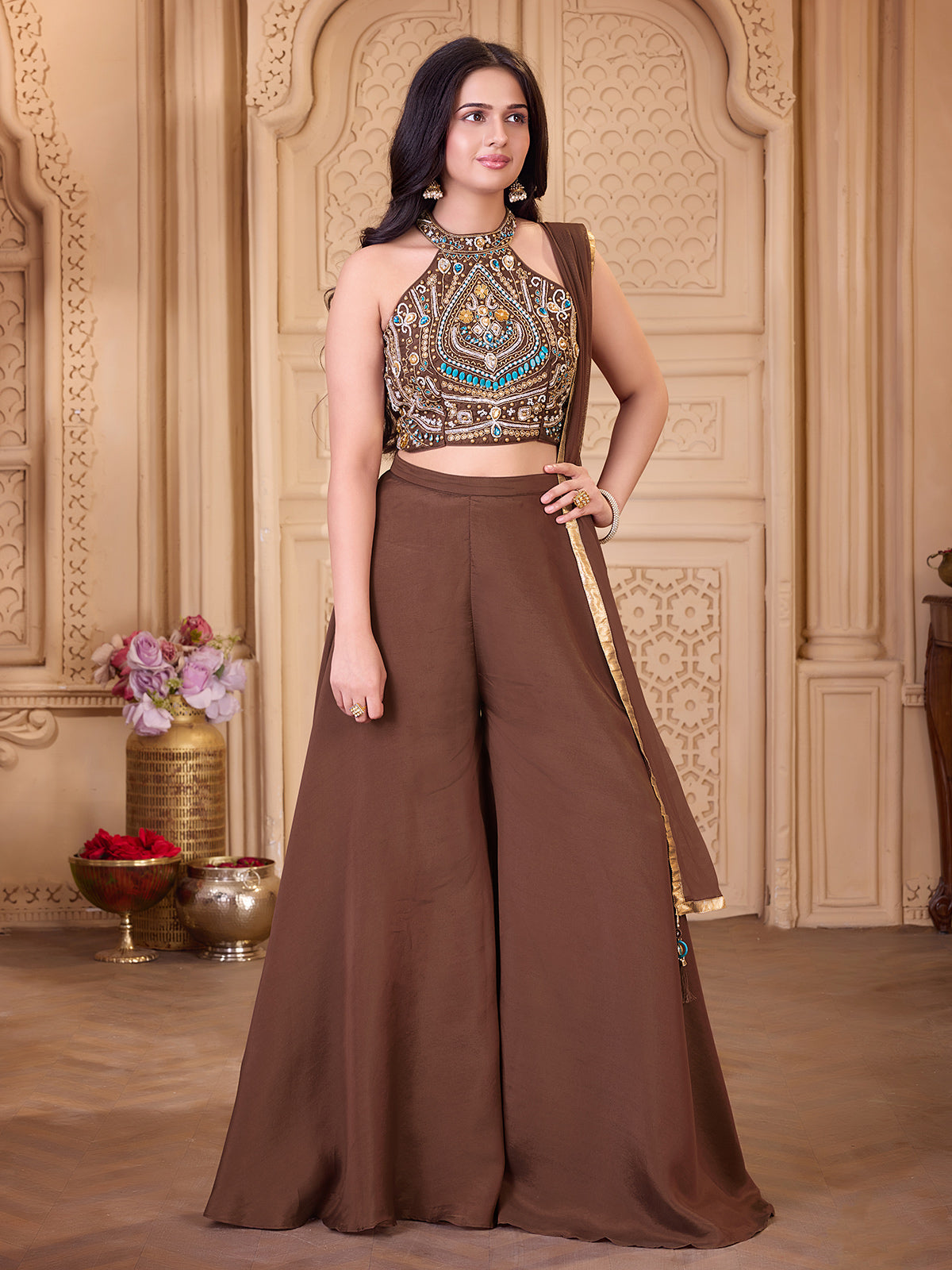 Earthy mocha brown girls palazzo suit