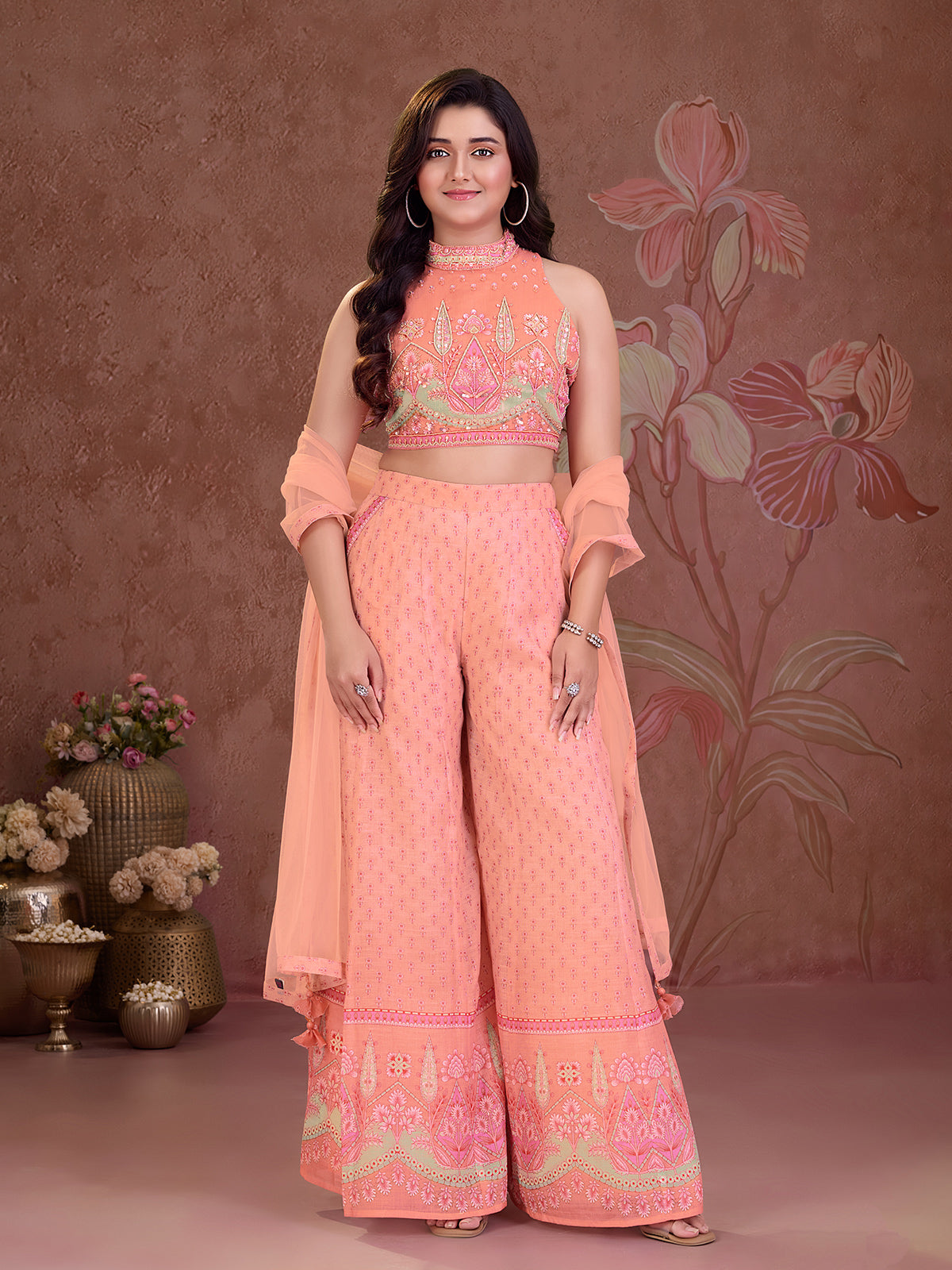 Peach printed girls palazzo suit