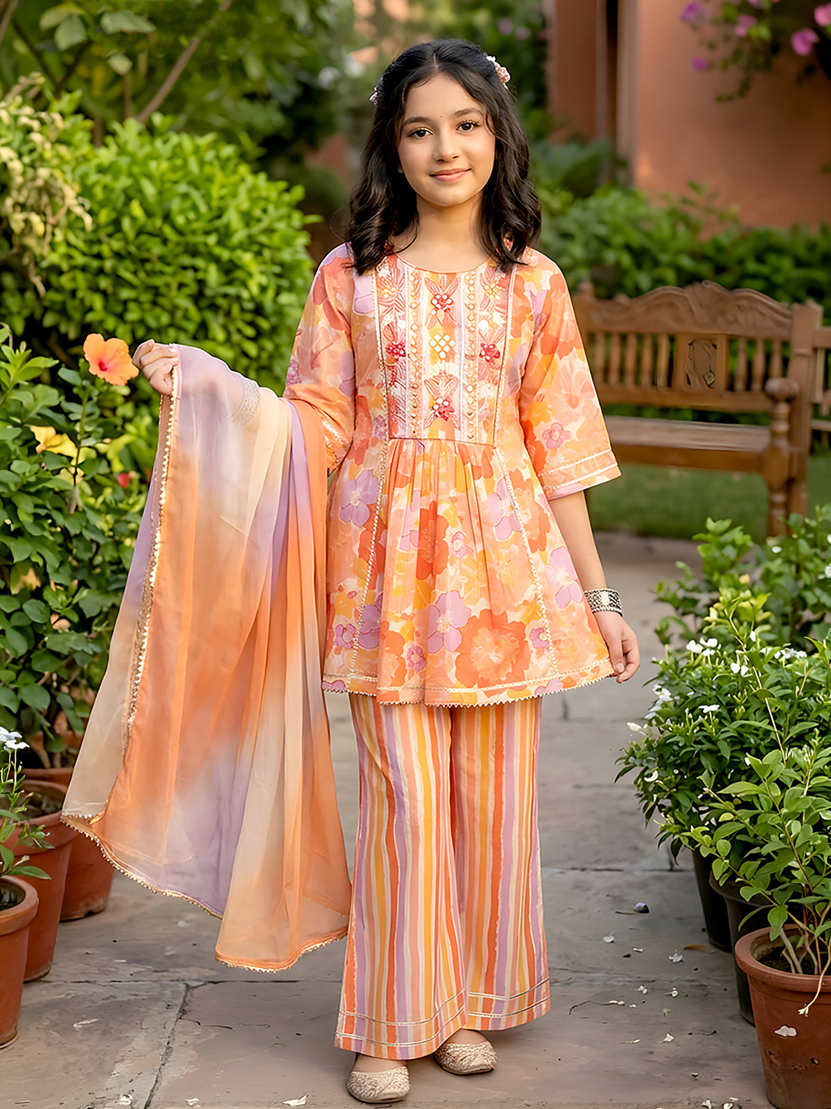 Peach floral printed girls palazzo suit