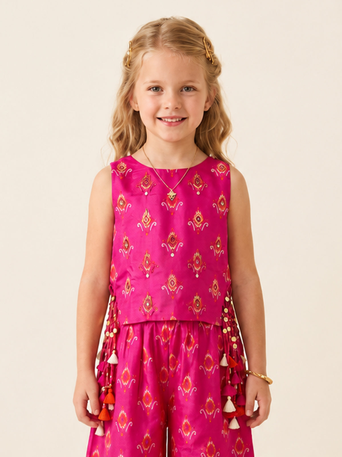 Pink ikat printed girls palazzo suit