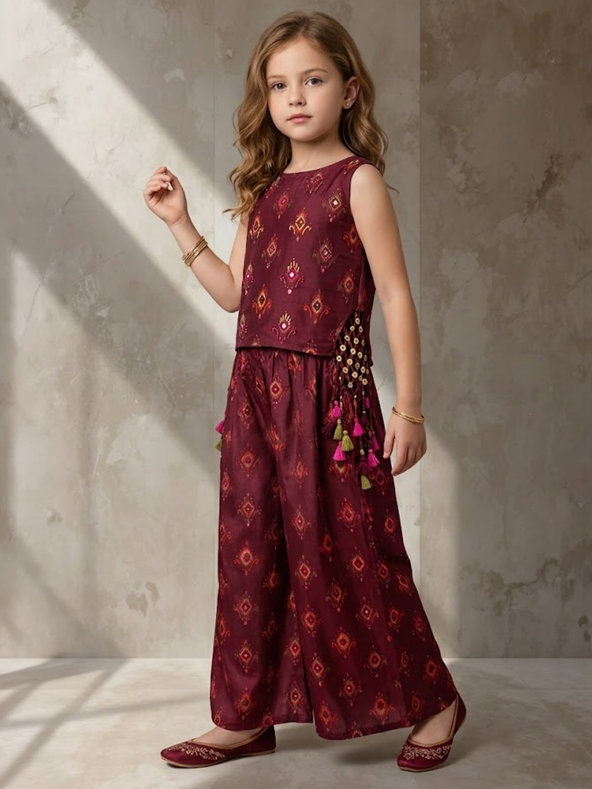 Maroon ikat printed girls palazzo suit