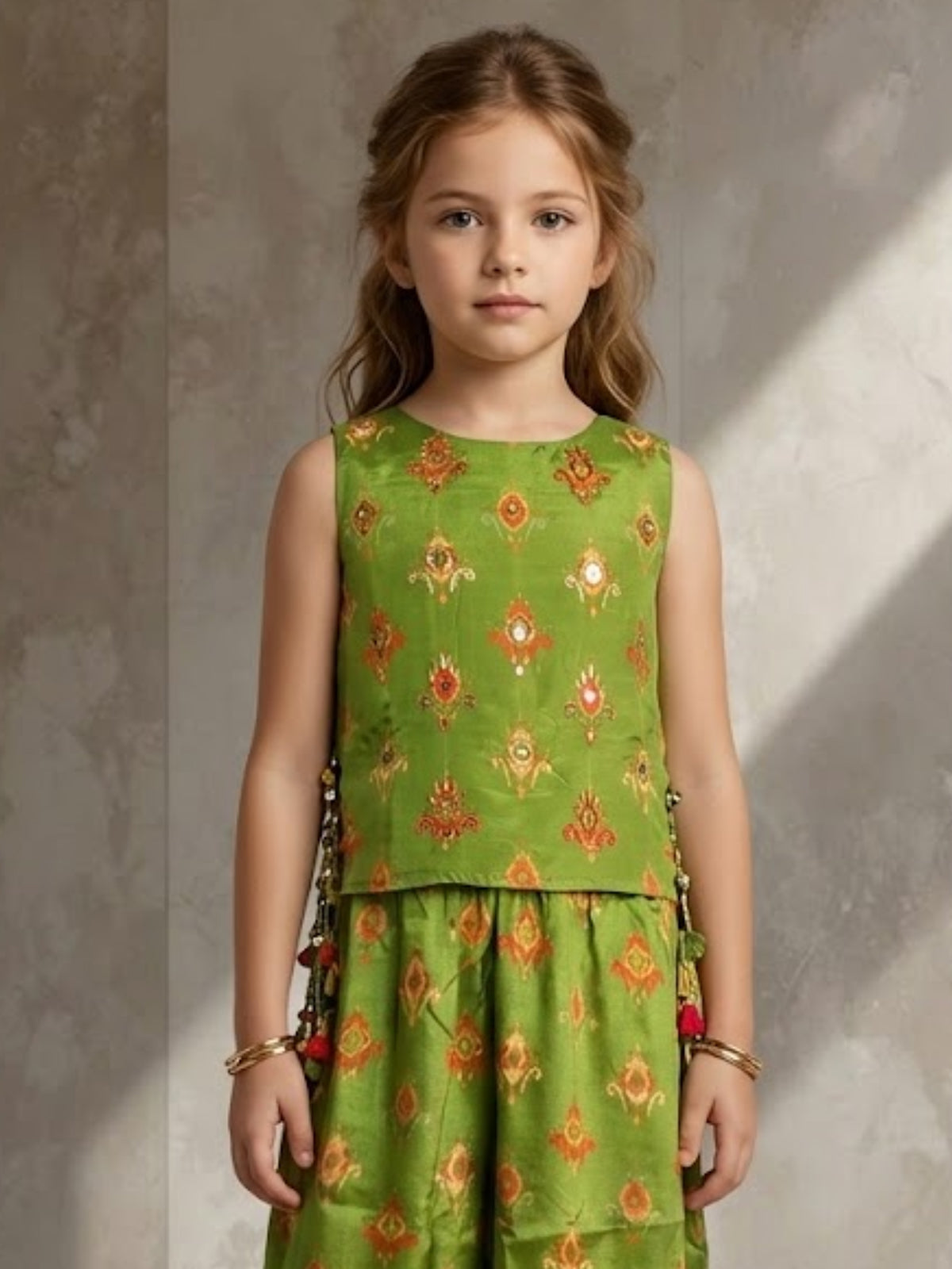 Green ikat printed girls palazzo suit