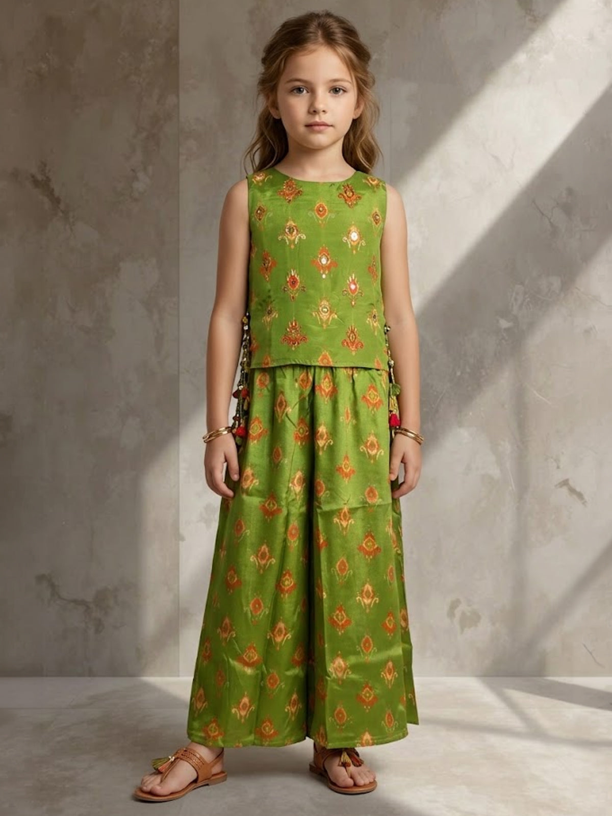 Green ikat printed girls palazzo suit