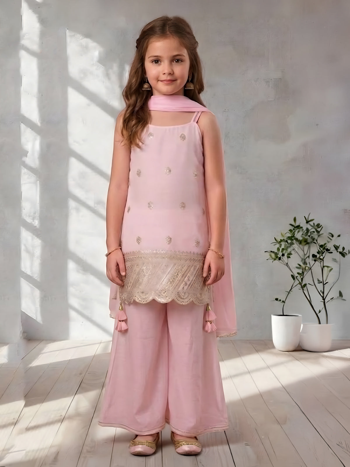 Light pink zari embroidered girls palazzo suit