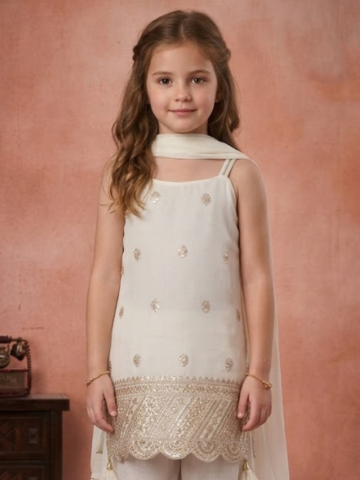Off white zari embroidered girls palazzo suit