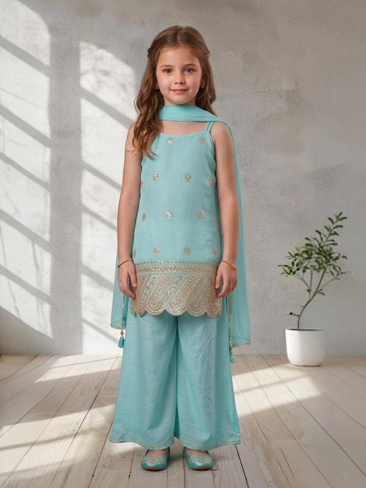 Sky blue zari embroidered girls palazzo suit
