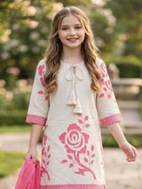 Cream floral printed girls pant suit