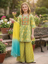 Green jaipuri printed girls sharara suit