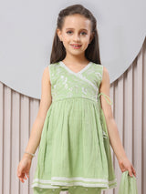 Pista green angrakha girls pant suit