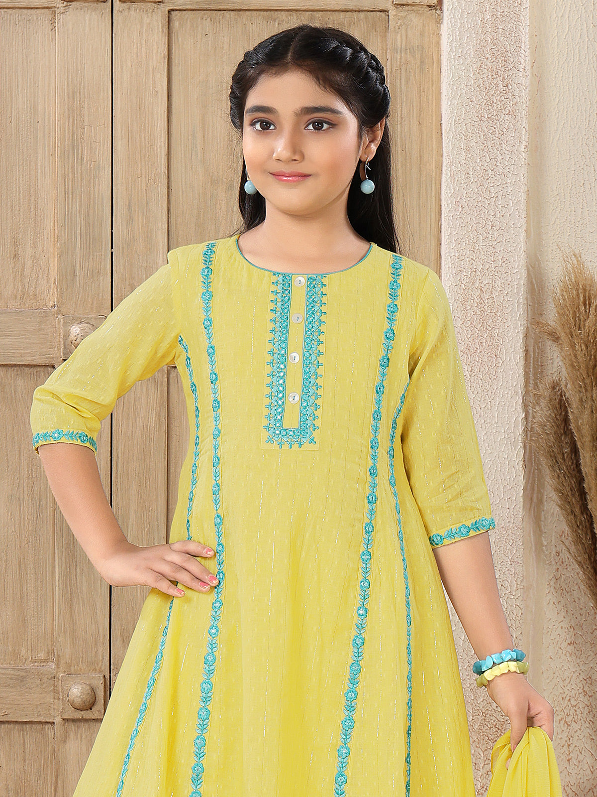 Lime yellow embroidered girls pant suit