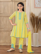 Lime yellow embroidered girls pant suit