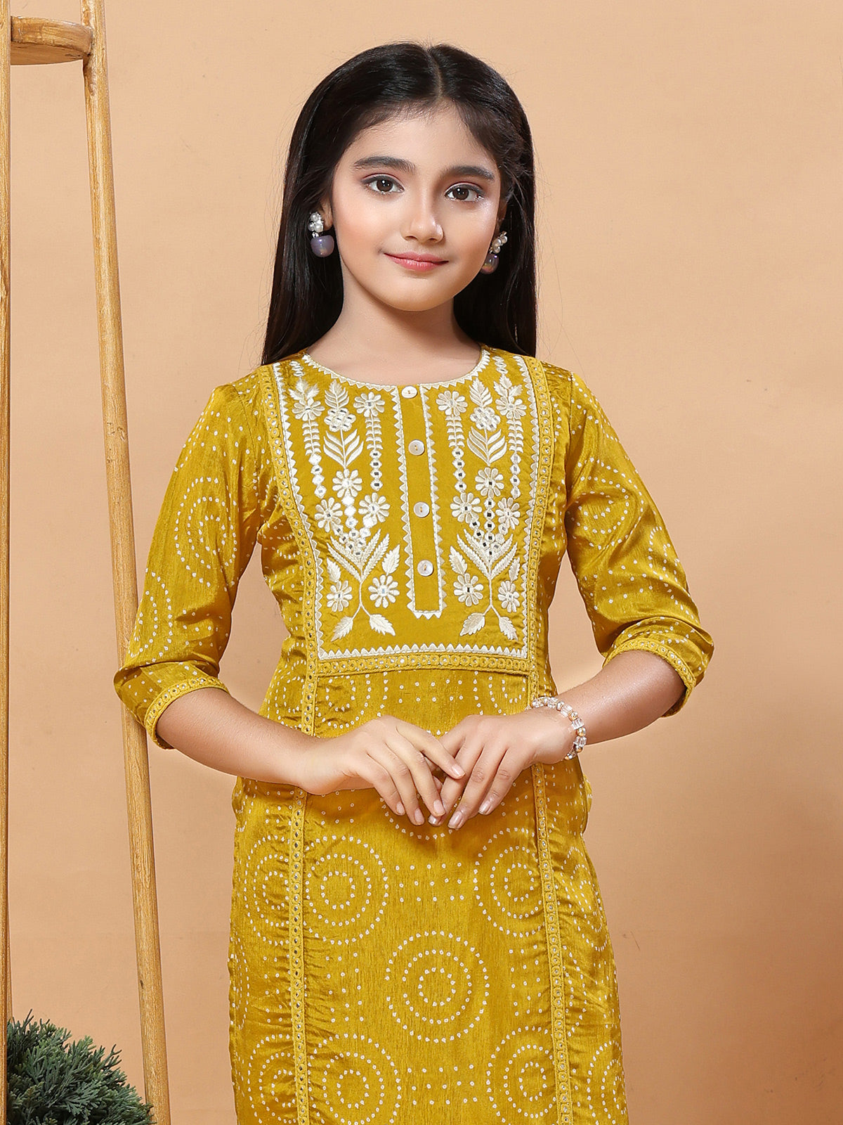 Mustard yellow bandhani girls pant suit
