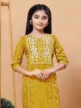 Mustard yellow bandhani girls pant suit