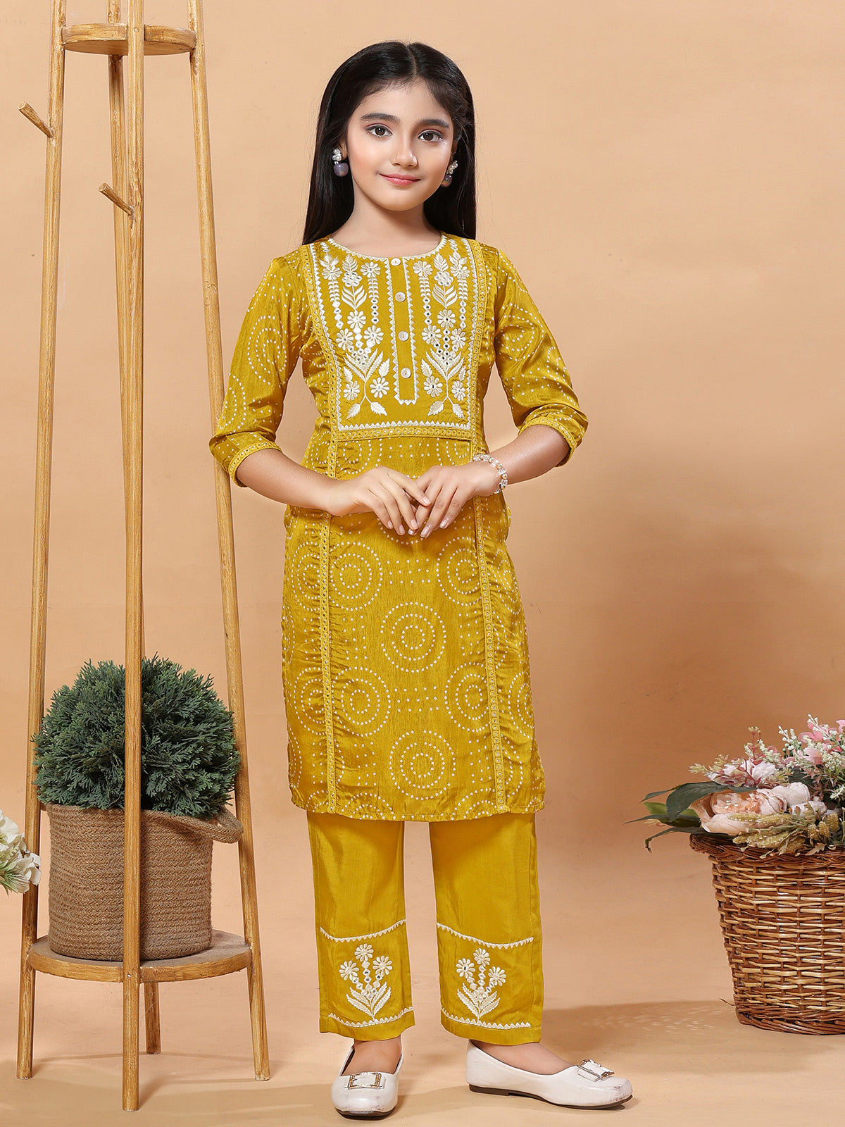 Mustard yellow bandhani girls pant suit