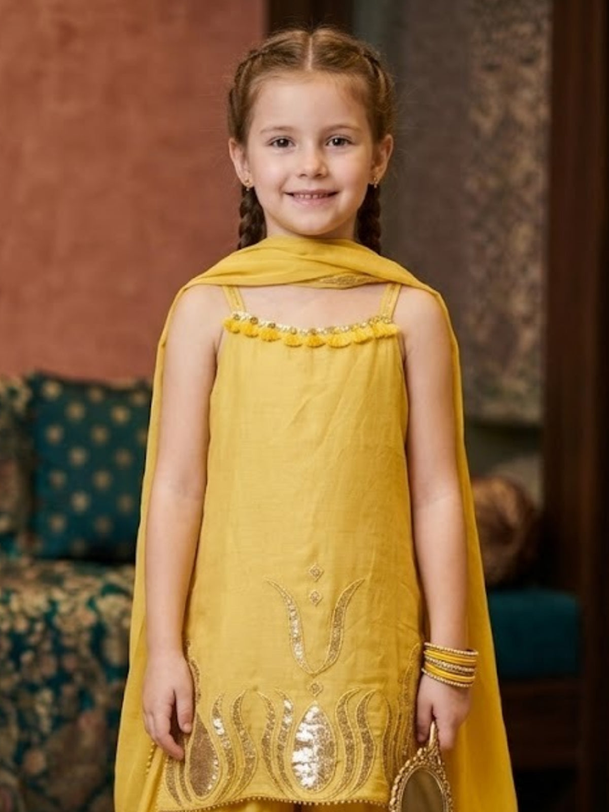 Mustard yellow gota patti girls palazzo suit