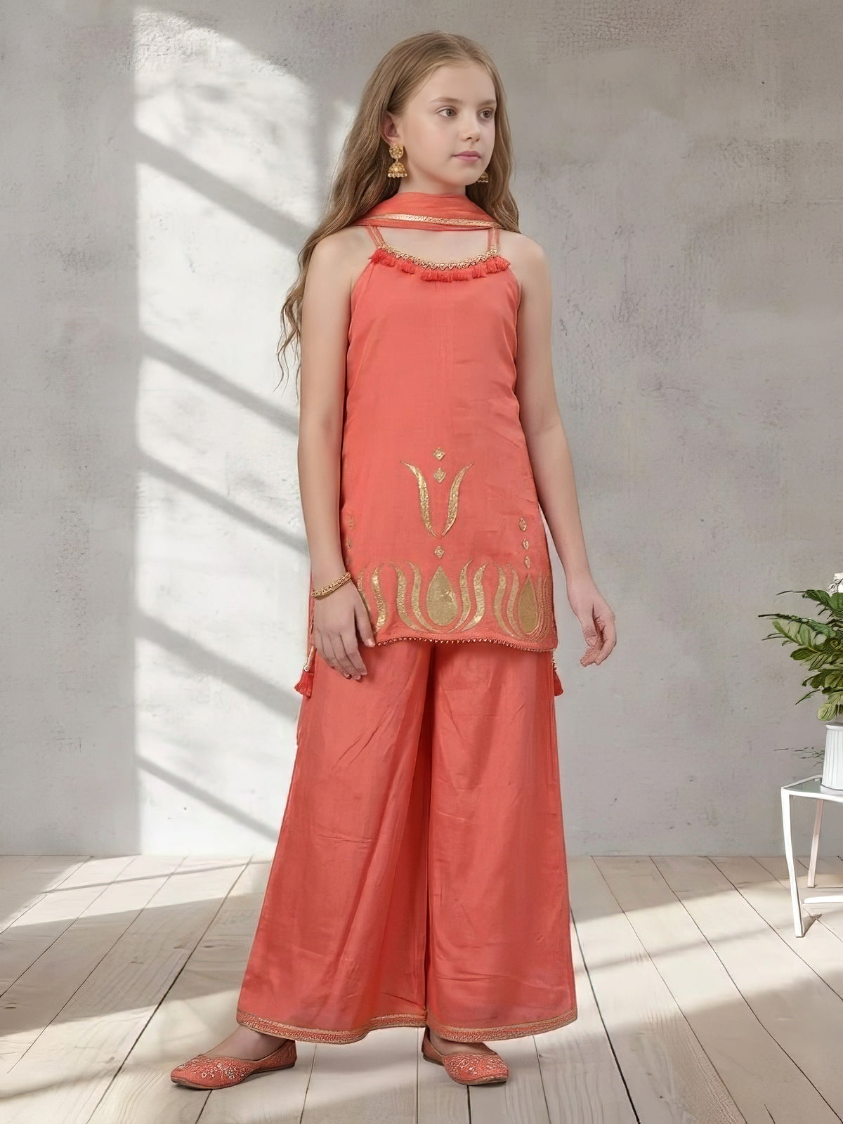Rust peach gota patti girls palazzo suit