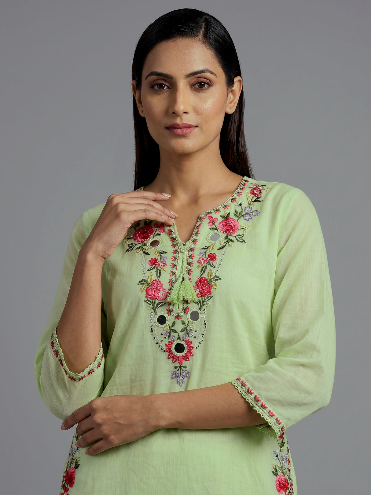Pista green chanderi silk straight cut kurti set