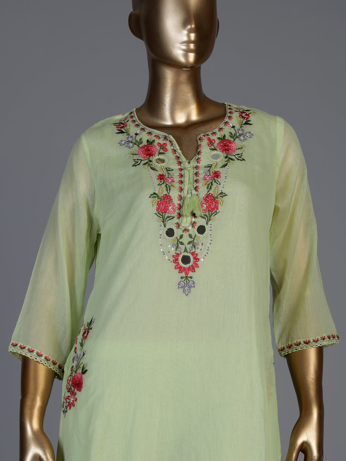 Pista green chanderi silk straight cut kurti set