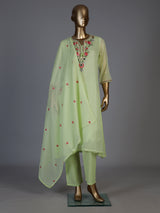 Pista green chanderi silk straight cut kurti set