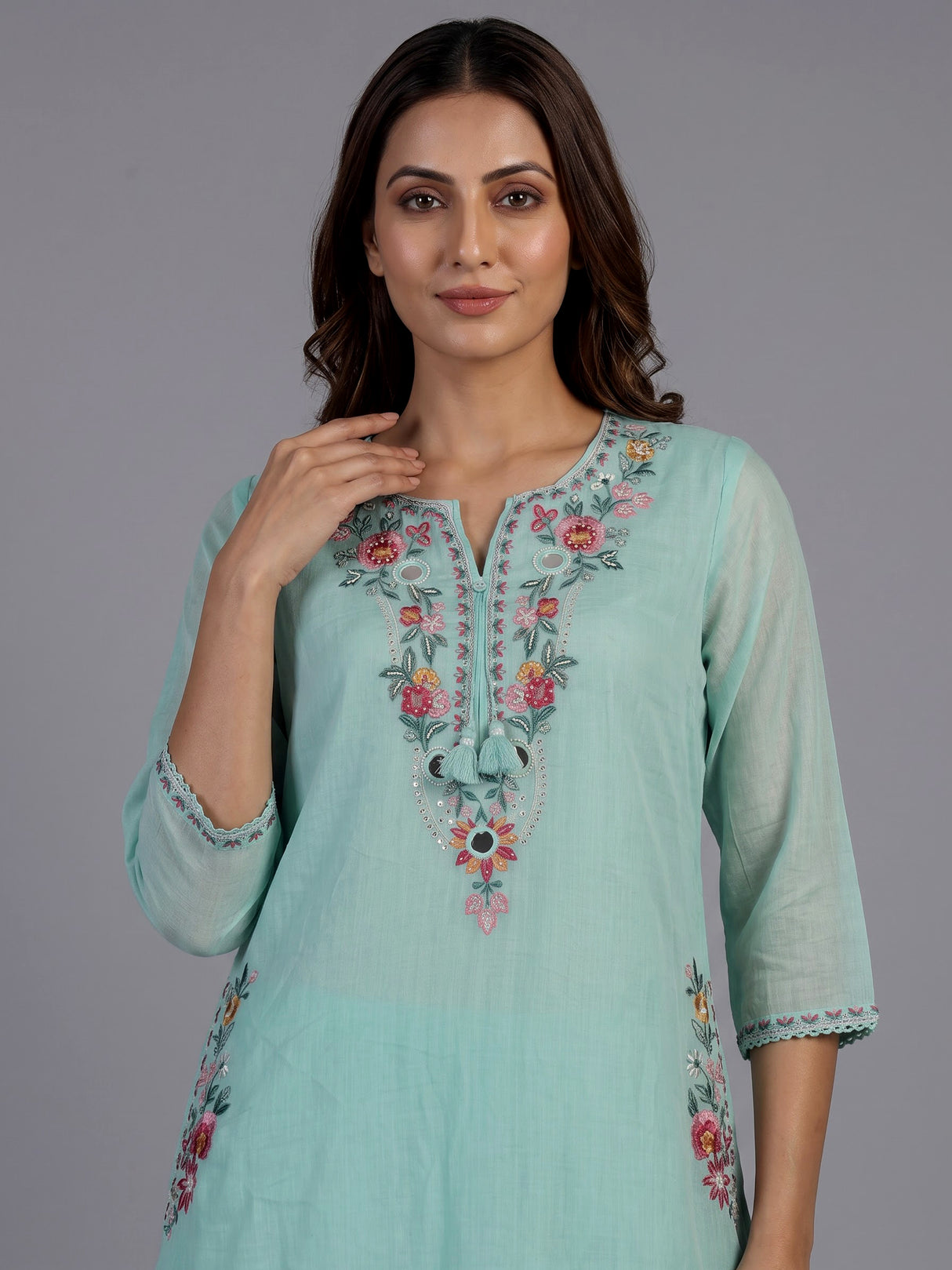 Mint green chanderi silk straight cut kurti set