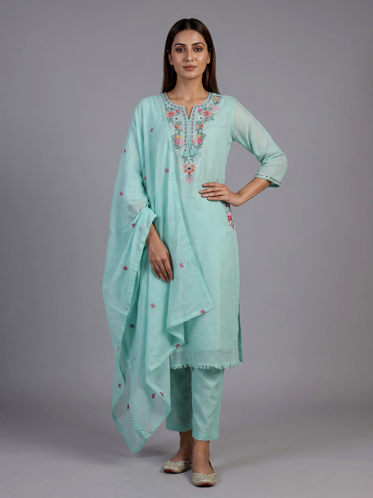 Mint green chanderi silk straight cut kurti set