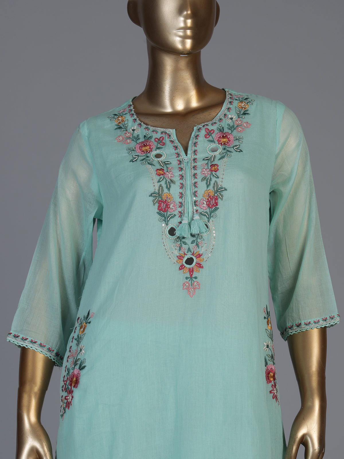 Mint green chanderi silk straight cut kurti set